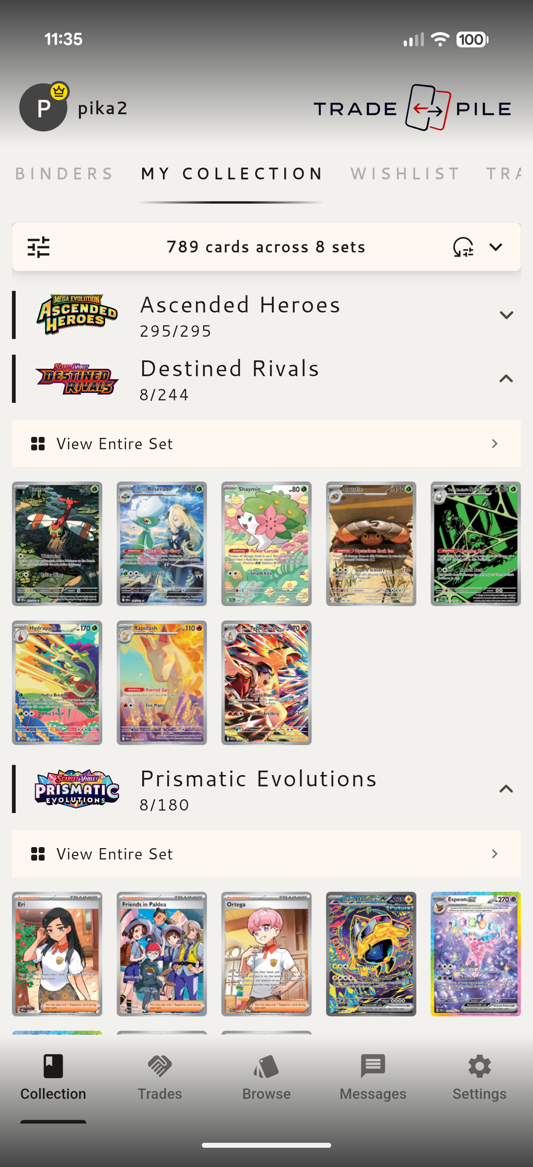 The app's collection screen, showing pokemon cards sorted by sets.